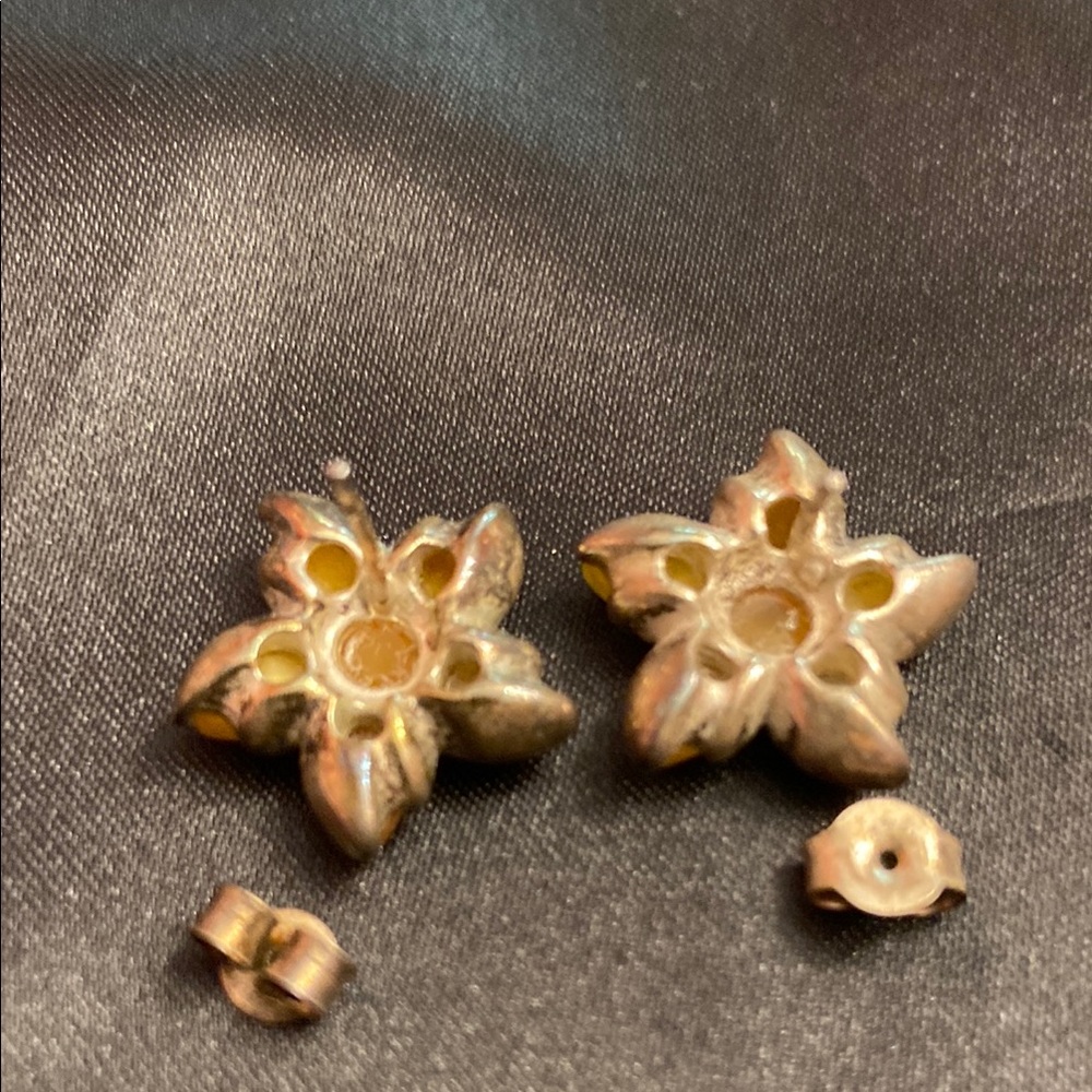 Yellow Amber Flower Sterling Silver  Earrings - Picture 3 of 5